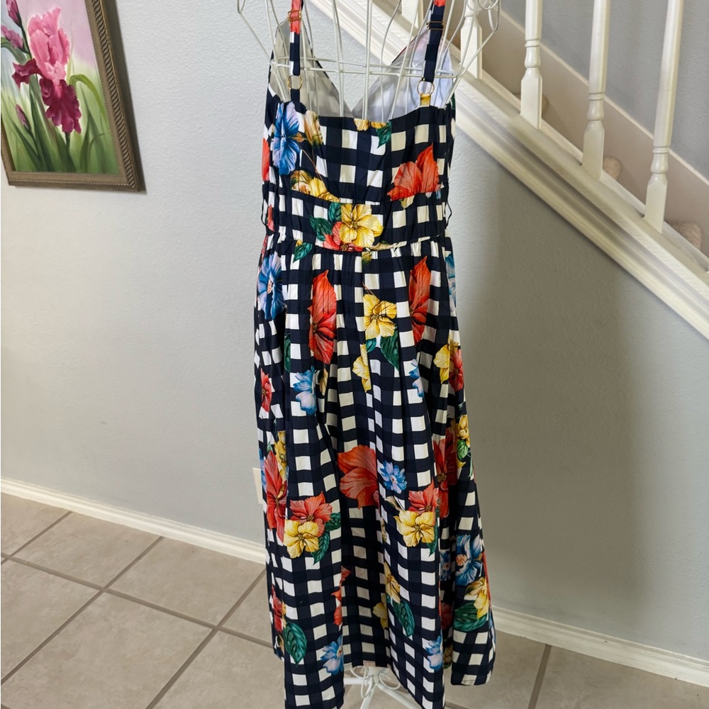 Boston Proper Navy Gingham Floral Midi Dress Sz 12 - Picture 7 of 11